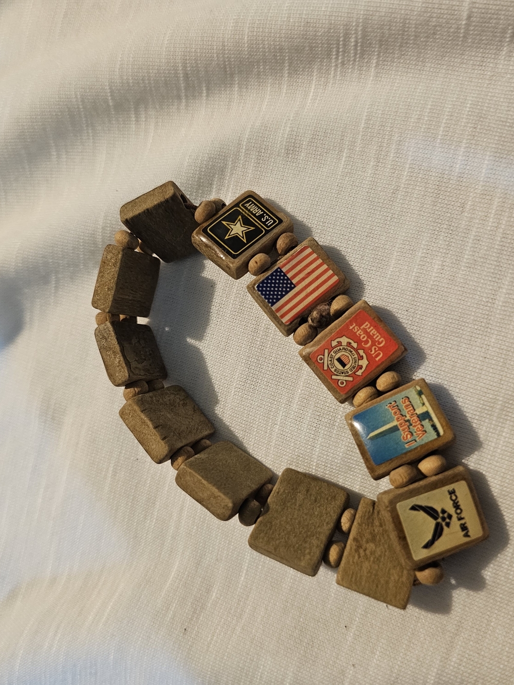 Men's Brown Wooden Service Patch Stretch Bracelet - Unbranded